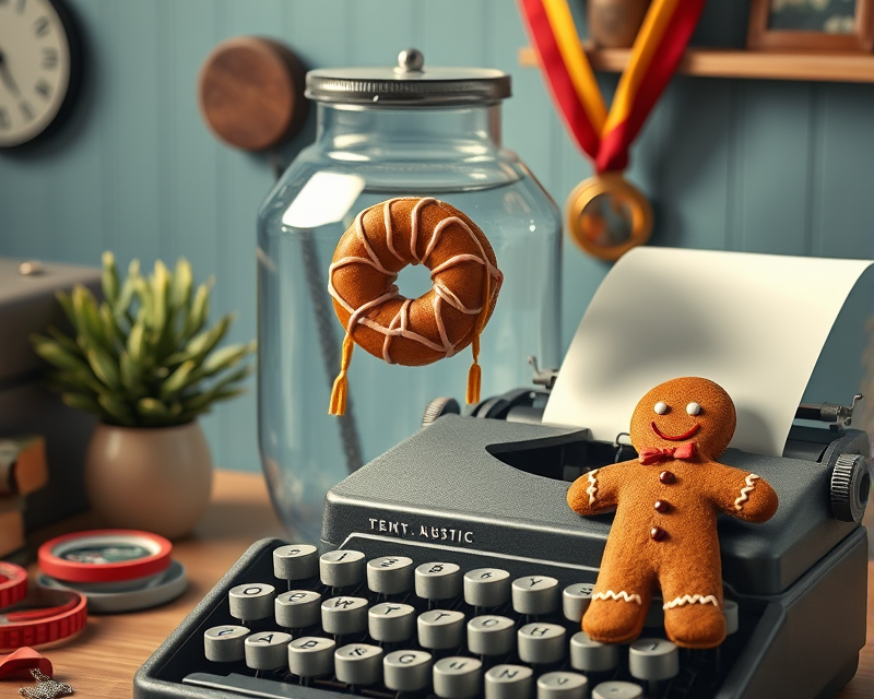 donut, fish tank, medal, typewriter, gingerbread